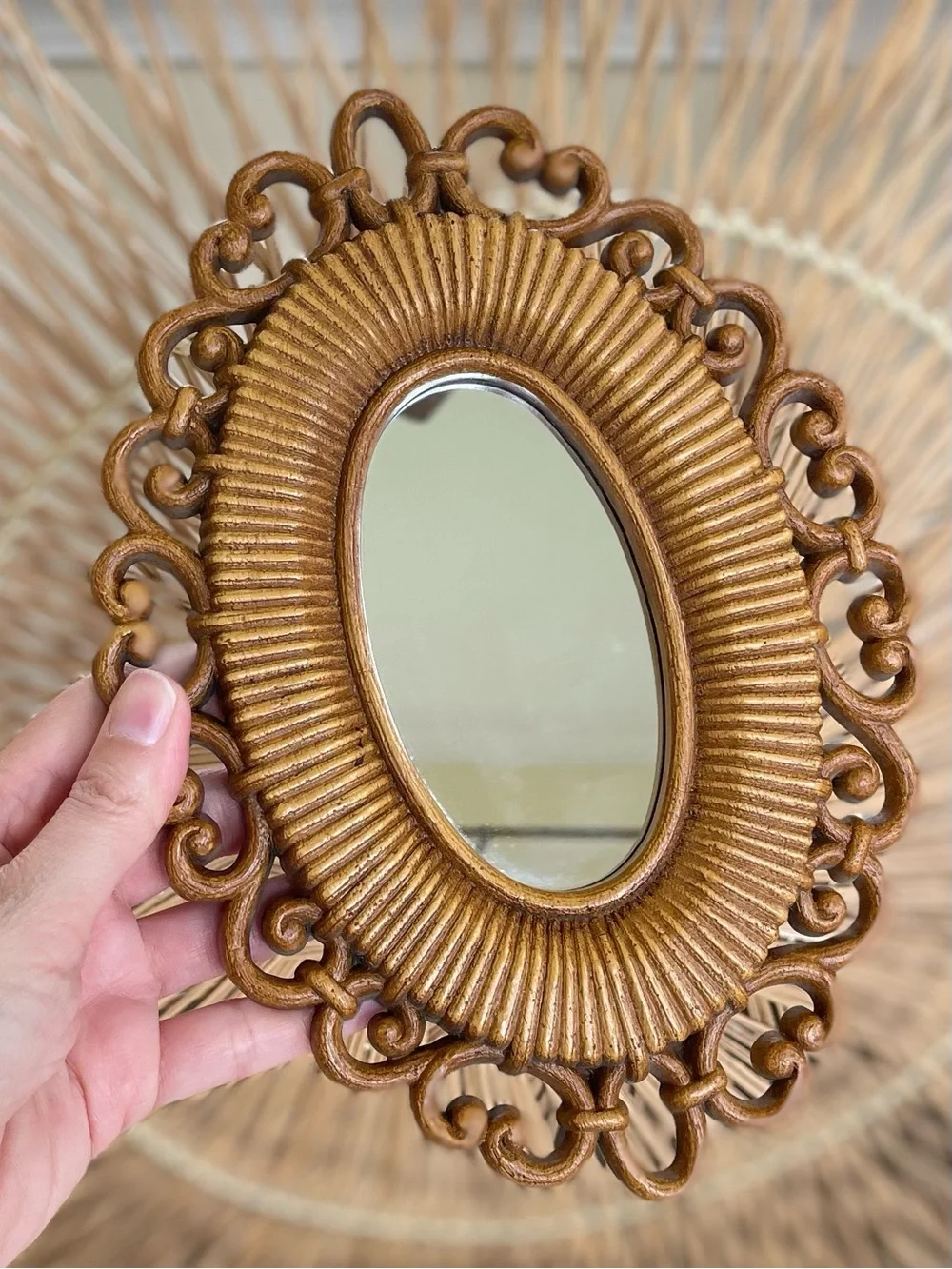 3 Vintage Homco Faux Wicker Rattan Oval Wall Mirrors Small 70s Boho